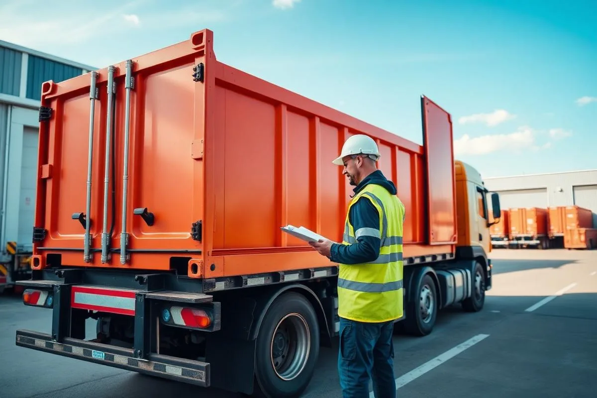 Prüfung eines orangefarbenen Absetzcontainers auf einem Absetzkipper durch eine befähigte Person